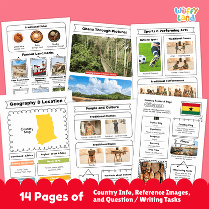An educational country research project about Ghana showing printable worksheets with facts about the capital city, population, language, currency, and climate. The image includes Ghana’s flag, a country map, traditional clothing and music, sports and cultural activities, traditional foods, and famous landmarks designed for student learning and classroom use.