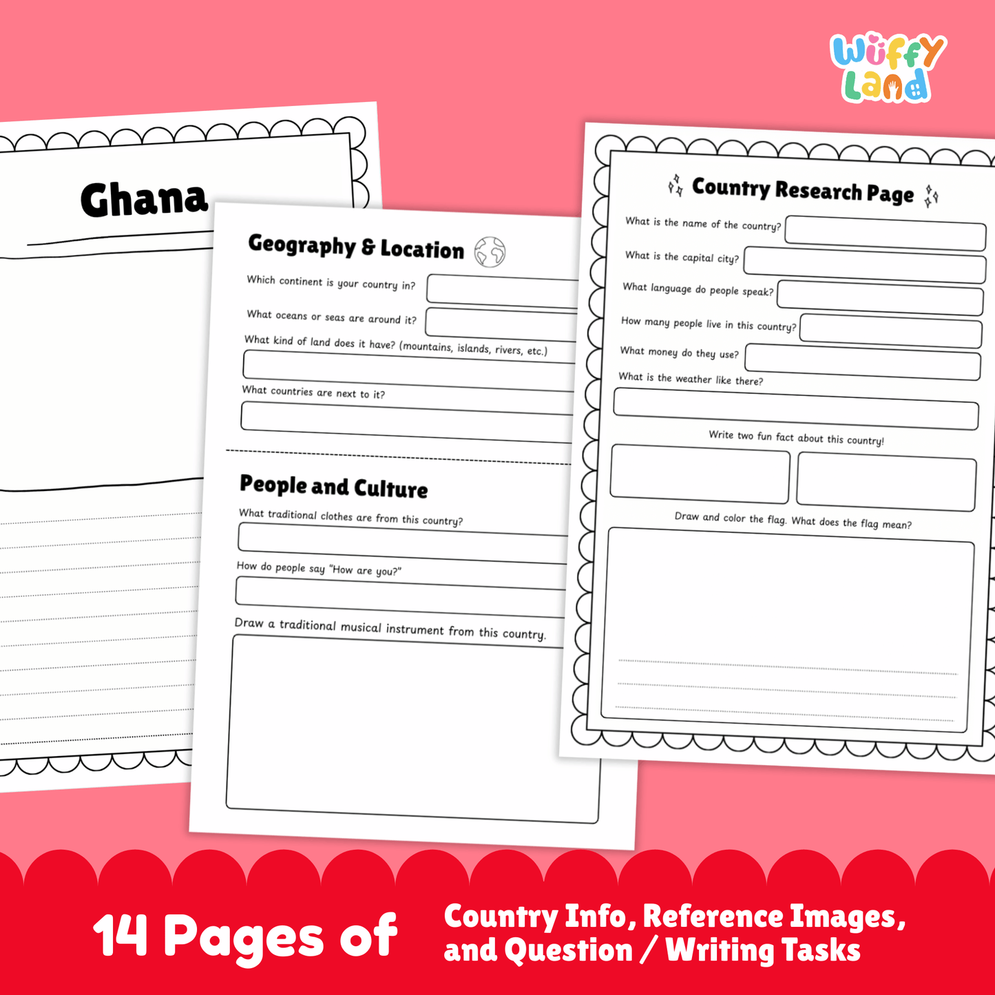 An educational country research project about Ghana showing printable worksheets with facts about the capital city, population, language, currency, and climate. The image includes Ghana’s flag, a country map, traditional clothing and music, sports and cultural activities, traditional foods, and famous landmarks designed for student learning and classroom use.