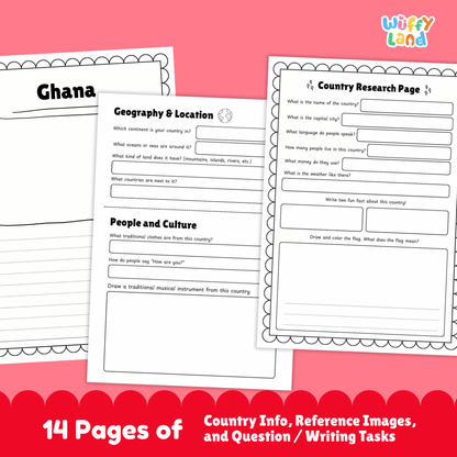 An educational country research project about Ghana showing printable worksheets with facts about the capital city, population, language, currency, and climate. The image includes Ghana’s flag, a country map, traditional clothing and music, sports and cultural activities, traditional foods, and famous landmarks designed for student learning and classroom use.