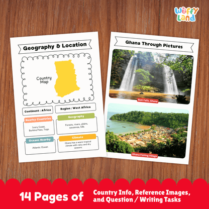 An educational country research project about Ghana showing printable worksheets with facts about the capital city, population, language, currency, and climate. The image includes Ghana’s flag, a country map, traditional clothing and music, sports and cultural activities, traditional foods, and famous landmarks designed for student learning and classroom use.