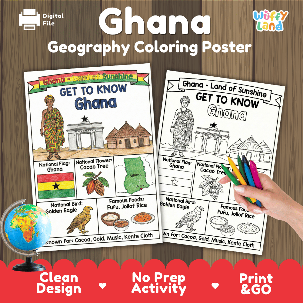 Ghana Geography Coloring Poster | Country Study Research Worksheet Activity
