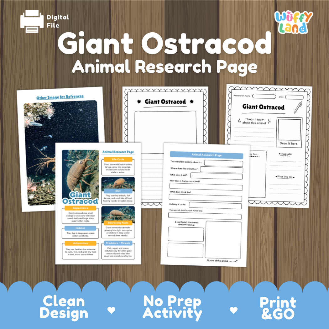 Digital product preview for a 'Giant Ostracod Animal Research Page' by Wiffly Land, showing several printable worksheet pages laid out on a wood background with blue promotional text at the bottom.