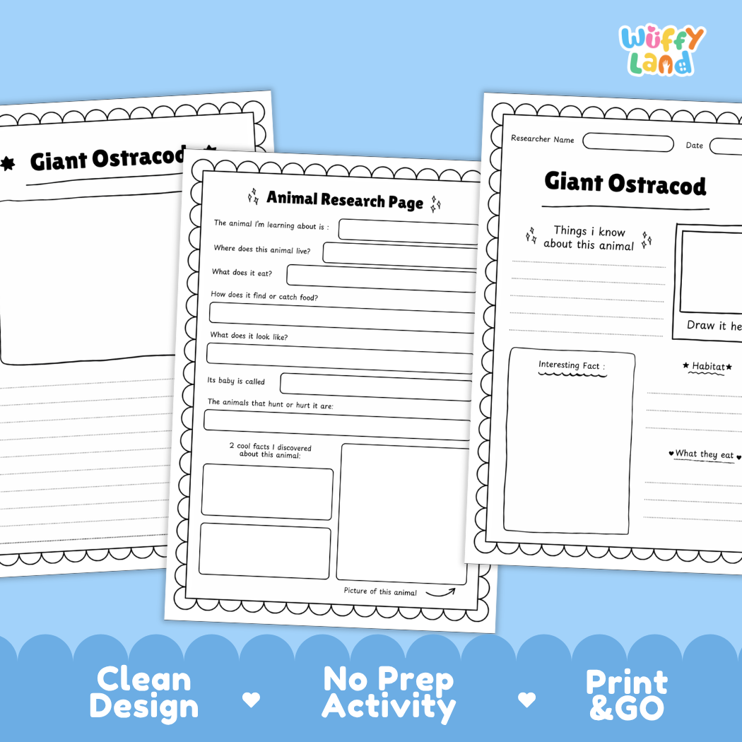 Three printable educational activity sheets for learning about giant ostracods, displayed on a light blue background with the brand name 'Wiffy Land' in the top right corner.