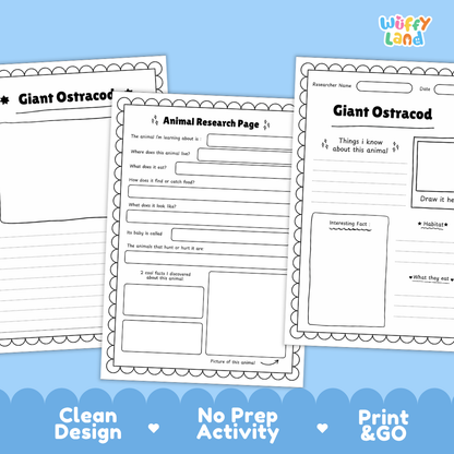Three printable educational activity sheets for learning about giant ostracods, displayed on a light blue background with the brand name 'Wiffy Land' in the top right corner.