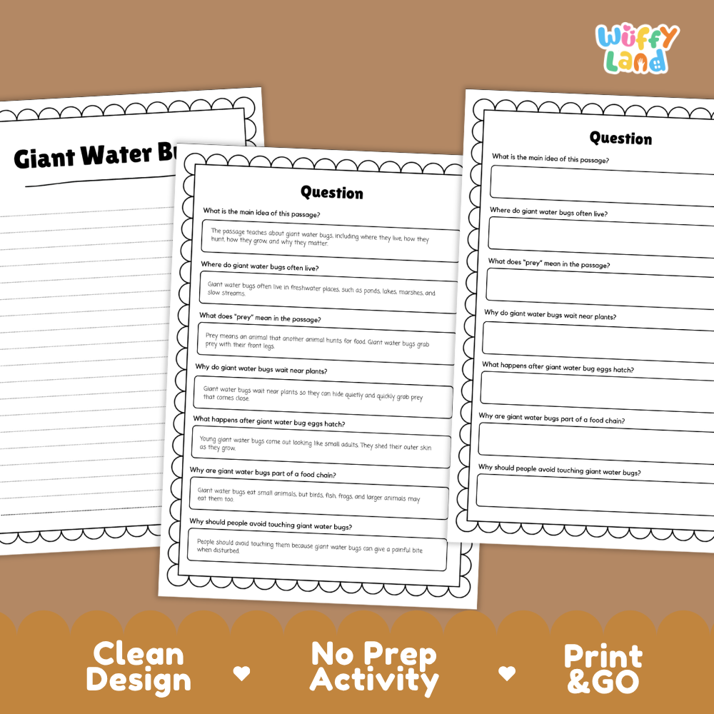 Three printable worksheet pages about giant water bugs are shown on a tan background with decorative text reading 'Clean Design', 'No Prep Activity', and 'Print & GO'. The pages are white with black text and scalloped borders, and the brand name 'Wiffly Land' appears in the top right.