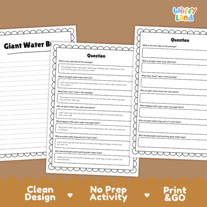 Three printable worksheet pages about giant water bugs are shown on a tan background with decorative text reading 'Clean Design', 'No Prep Activity', and 'Print & GO'. The pages are white with black text and scalloped borders, and the brand name 'Wiffly Land' appears in the top right.
