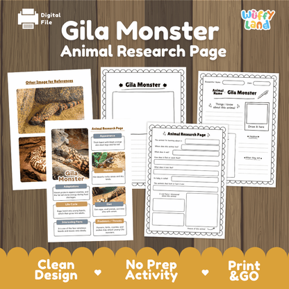Gila Monster Animal Research Page Worksheets