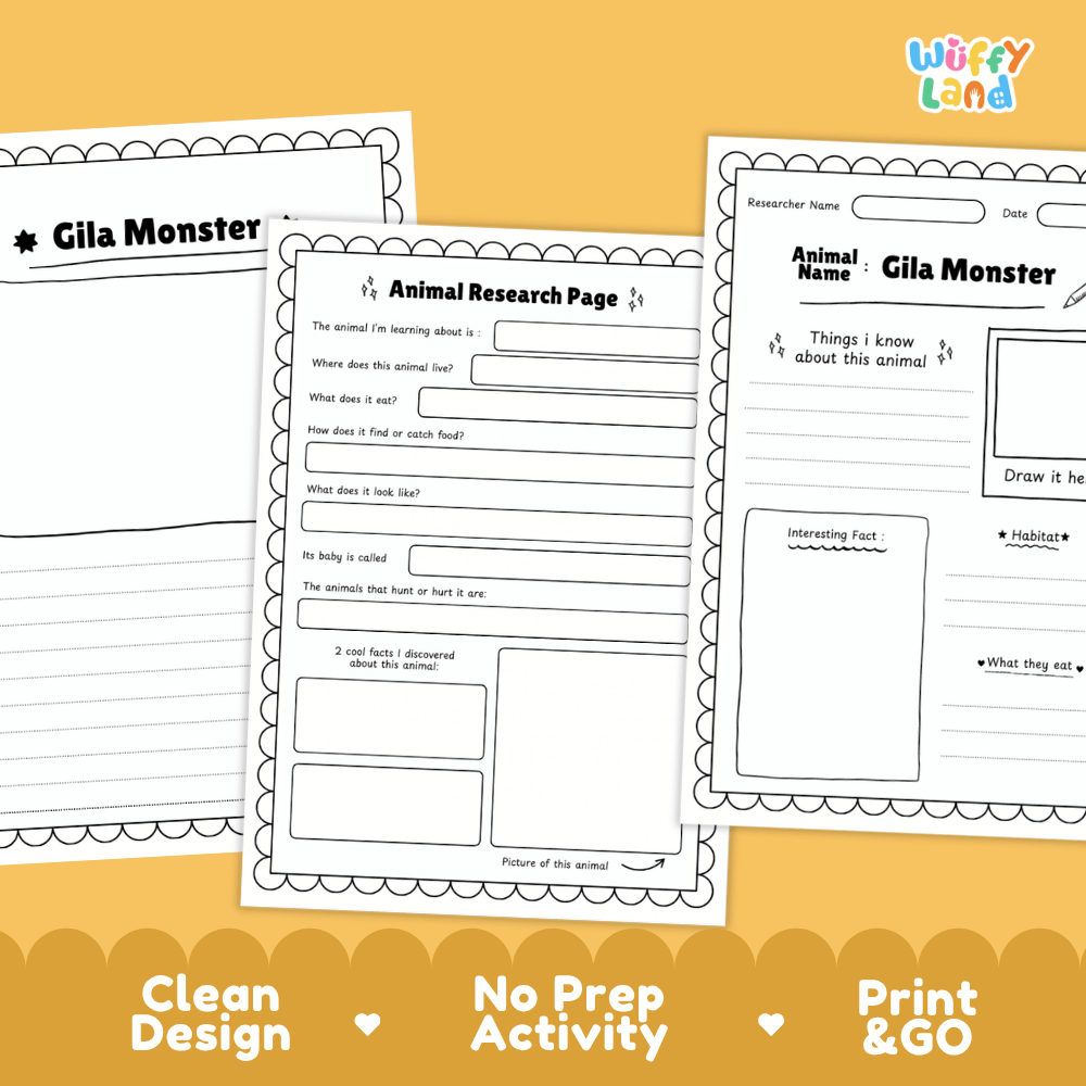 Gila Monster Animal Research Page Worksheets