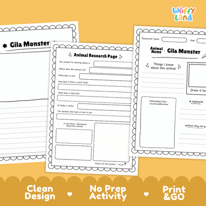 Gila Monster Animal Research Page Worksheets