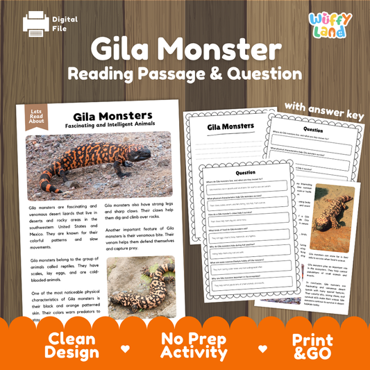 Gila Monster Reading Passage and Comprehension Questions Worksheets