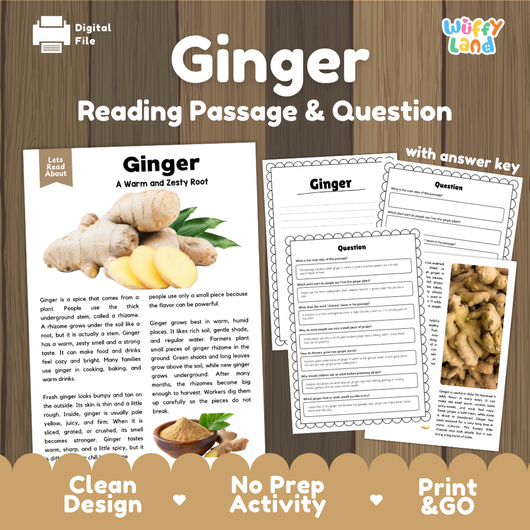 Ginger reading comprehension passage and questions printable activity pack with answer key for elementary students
