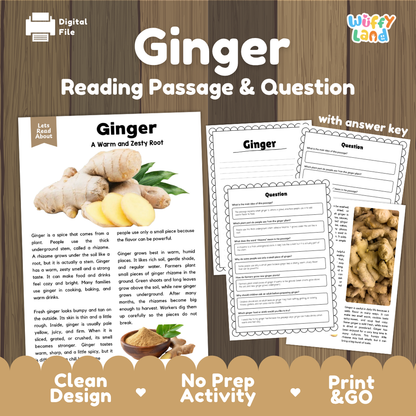 Ginger reading comprehension passage and questions printable activity pack with answer key for elementary students