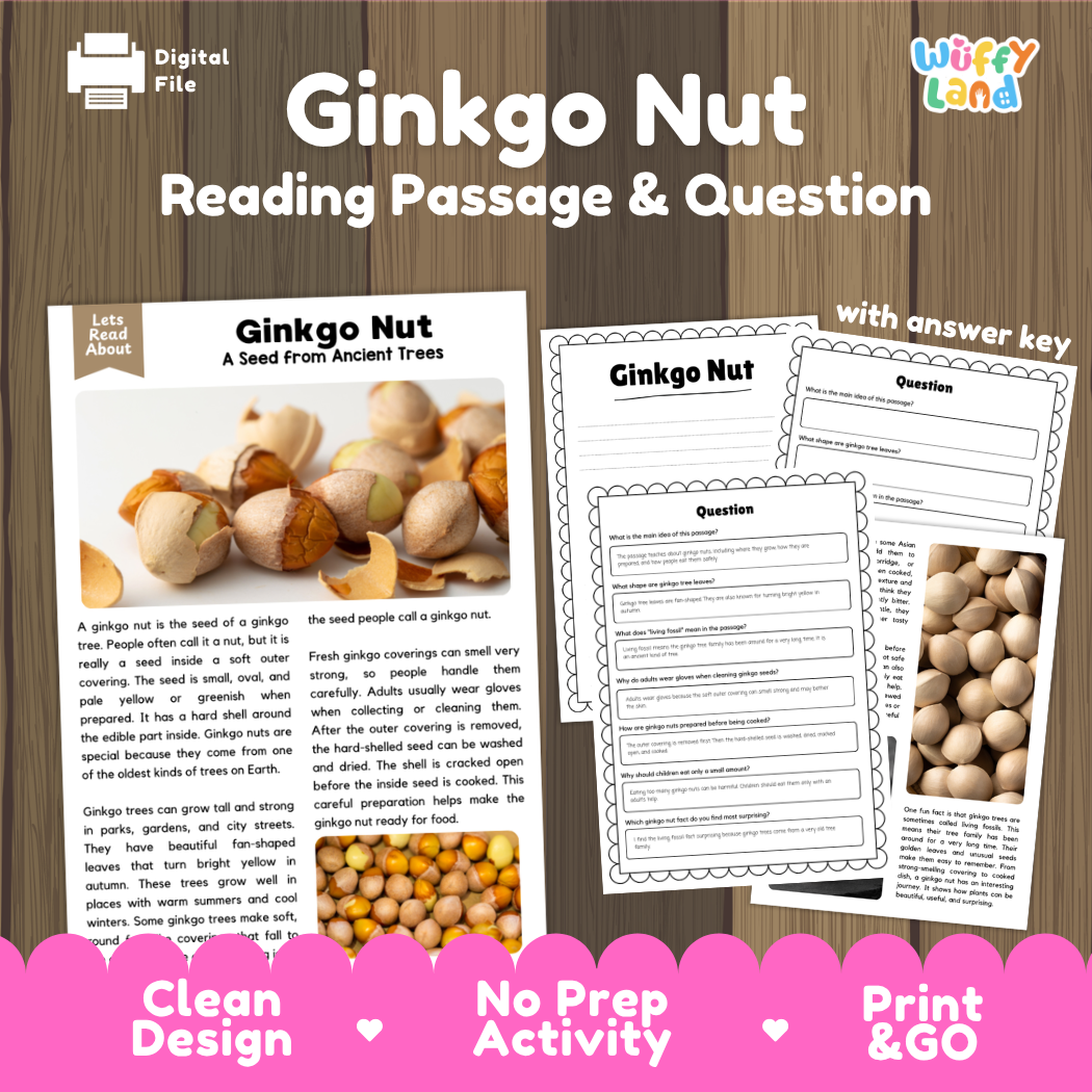 Digital reading activity sheet set titled 'Ginkgo Nut Reading Passage & Question' on a wood background. The image shows printable pages with text about ginkgo nuts, a small ginkgo nut photo, worksheet question areas, and promotional text including 'with answer key,' 'Clean Design,' 'No Prep Activity,' and 'Print & GO.