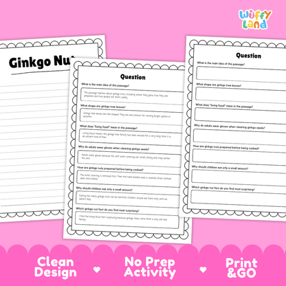 Three printable worksheet pages for a ginkgo nut activity displayed on a pink background with decorative text banners. The pages include headings like 'Ginkgo Nut' and 'Question' with lined writing areas.
