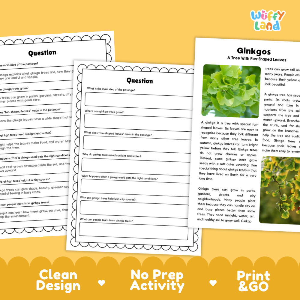 Ginkgo Tree Plant Reading Passages Worksheets and Comprehension Activity