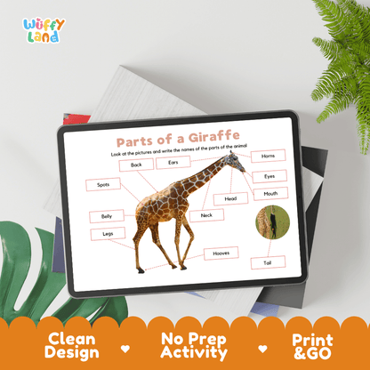 Educational cut and paste giraffe animal anatomy worksheet with printable word cutout tiles for horns, ears, head, neck, legs, hooves, tail, and spots