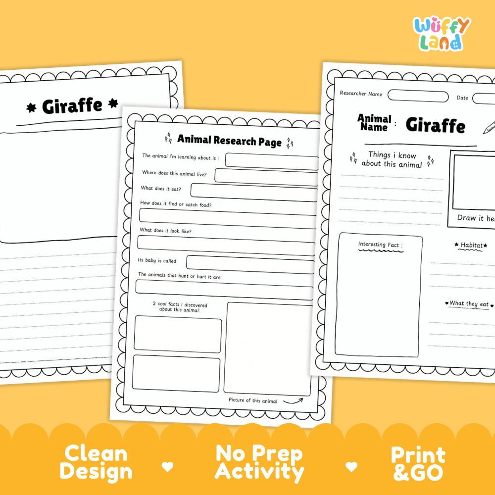 Three printable worksheet pages for giraffe animal research are shown on a warm yellow background with decorative text banners. The pages are black-and-white lined with decorative scalloped borders and include fields for title, animal name, date, observations, and a drawing area.