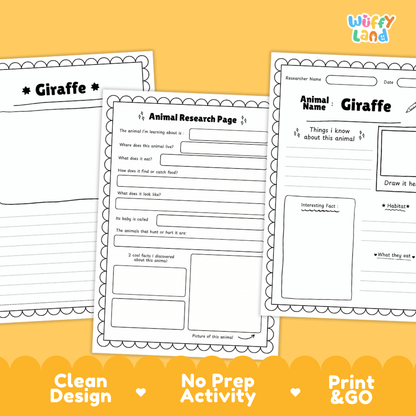 Three printable worksheet pages for giraffe animal research are shown on a warm yellow background with decorative text banners. The pages are black-and-white lined with decorative scalloped borders and include fields for title, animal name, date, observations, and a drawing area.