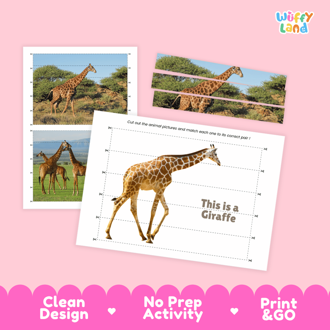 Giraffe Cut and Match Activity Worksheets | Safari Animal Puzzle Printables