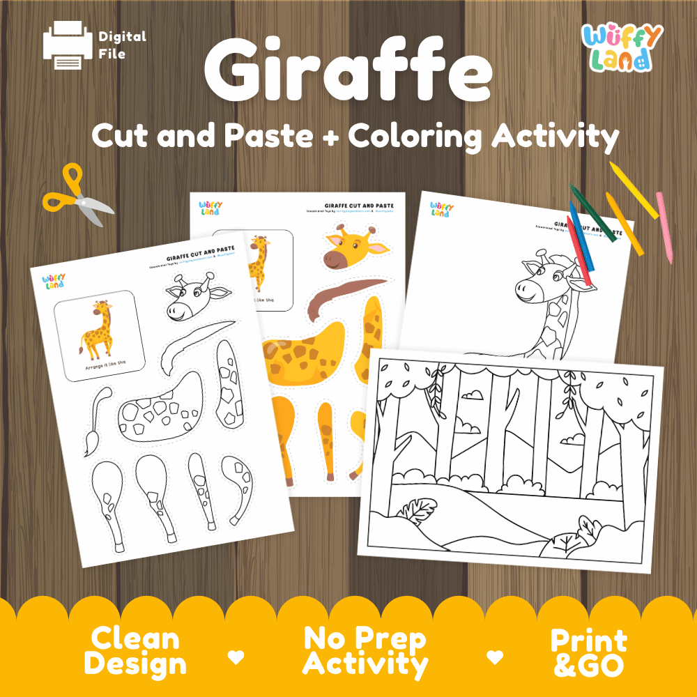 Giraffe Cut and Paste Craft and Coloring Activity Worksheets