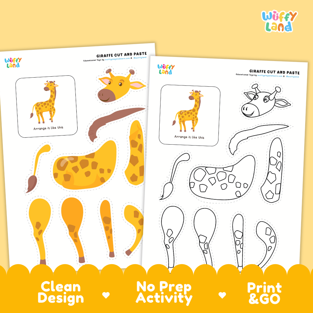Giraffe Cut and Paste Craft and Coloring Activity Worksheets