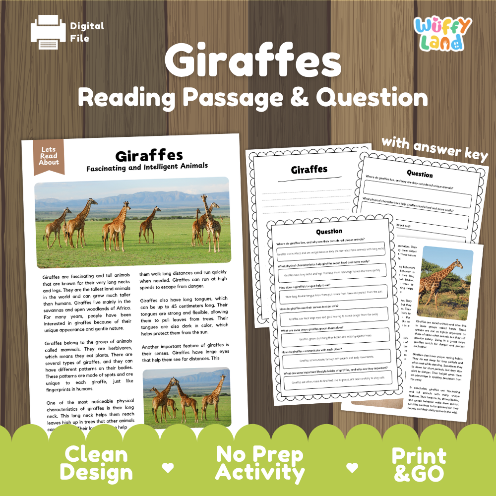 Giraffes Reading Passage and Comprehension Questions Worksheets