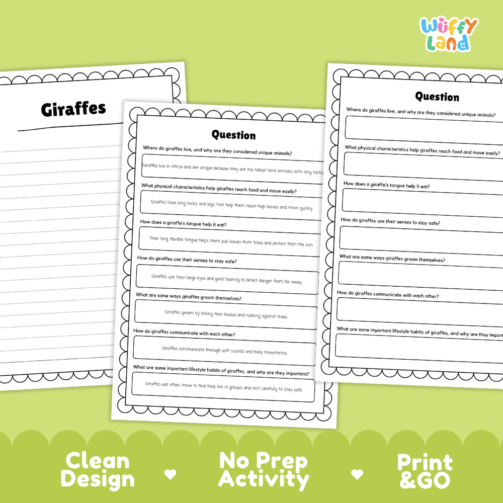 Three printable worksheet pages about giraffes are shown on a light gray background with decorative scalloped borders. The pages contain fill-in-the-blank questions and short answer lines.