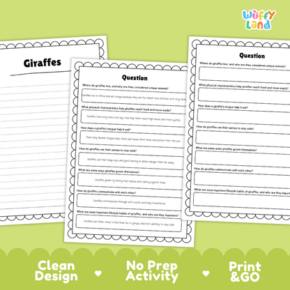 Three printable worksheet pages about giraffes are shown on a light gray background with decorative scalloped borders. The pages contain fill-in-the-blank questions and short answer lines.