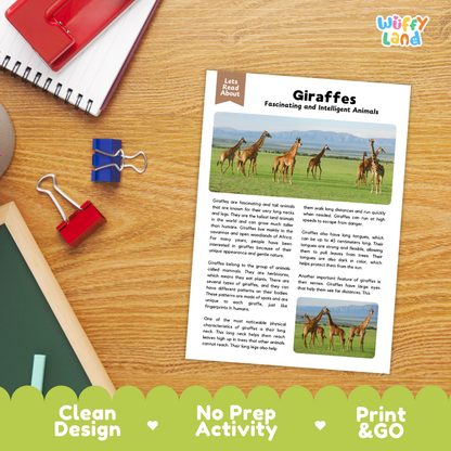 An educational activity sheet titled 'Giraffes: Feisty and Intelligent Animals' displayed on a wooden desk with a red notebook, binder clips, and other school supplies. The sheet features text and two color illustrations of giraffes.