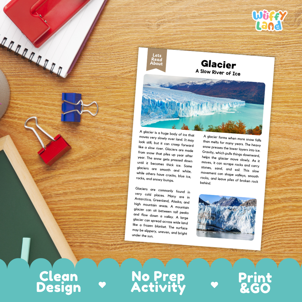 Student reading comprehension question worksheets paired with a completed teacher answer key sheet about glaciers