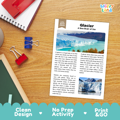 Student reading comprehension question worksheets paired with a completed teacher answer key sheet about glaciers