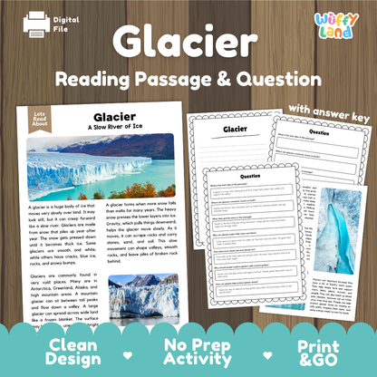 Glacier reading comprehension passage and question worksheets pack cover with answer key for elementary students