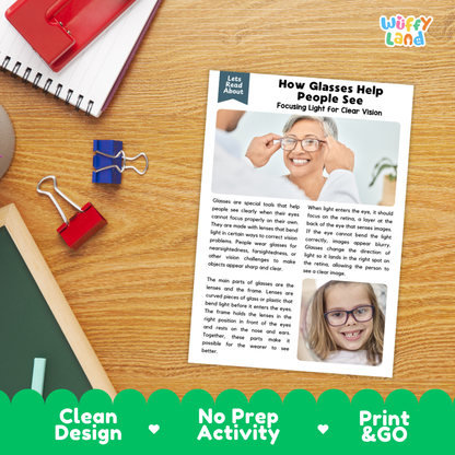 Printable student worksheet with short-answer reading comprehension questions covering glasses and vision science