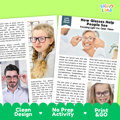 Complete teacher answer key worksheet providing detailed model responses for glasses comprehension questions