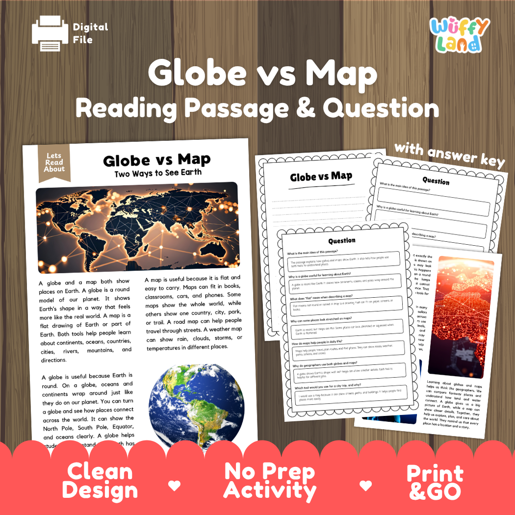 Globe vs map reading comprehension passage and questions printable activity pack with answer key for elementary students