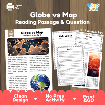 Globe vs map reading comprehension passage and questions printable activity pack with answer key for elementary students