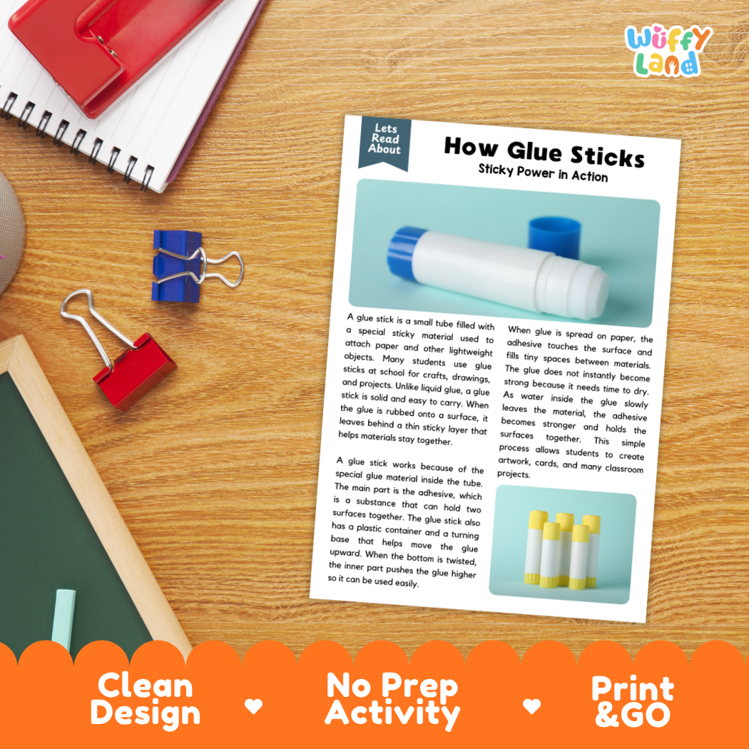 Printable student worksheet with short-answer reading comprehension questions covering glue sticks and materials science