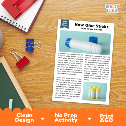 Printable student worksheet with short-answer reading comprehension questions covering glue sticks and materials science