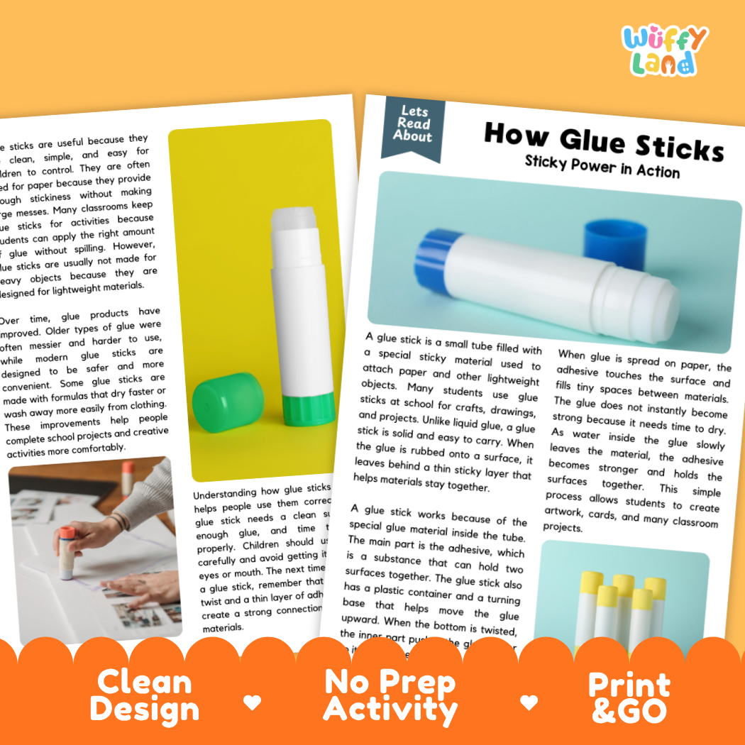 Complete teacher answer key worksheet providing detailed model responses for glue stick comprehension questions