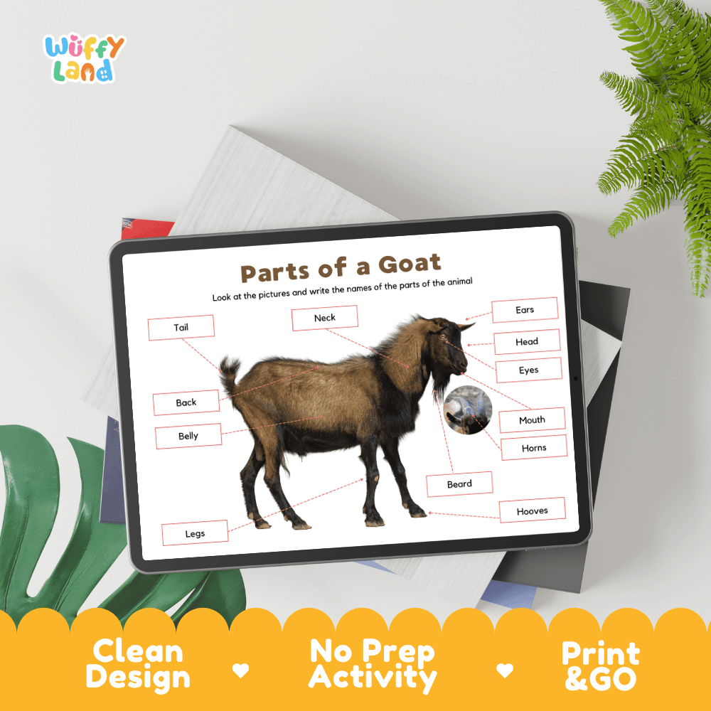 Educational cut and paste goat anatomy worksheet with printable word cutout tiles for horns, beard, hooves, and tail
