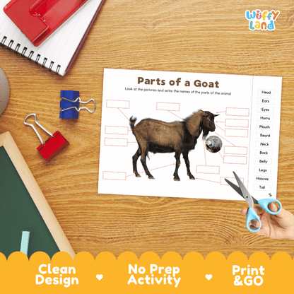 Printable farm animal anatomy worksheet showing a realistic brown goat with blank labeling boxes and a vocabulary word bank for writing practice