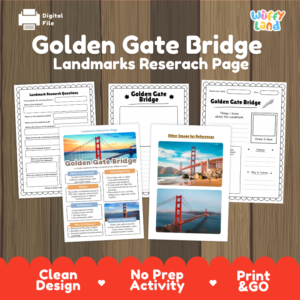 Printable Golden Gate Bridge landmarks research page set by Wiffy Land, shown as digital worksheets on a wood background with promotional text at the bottom.