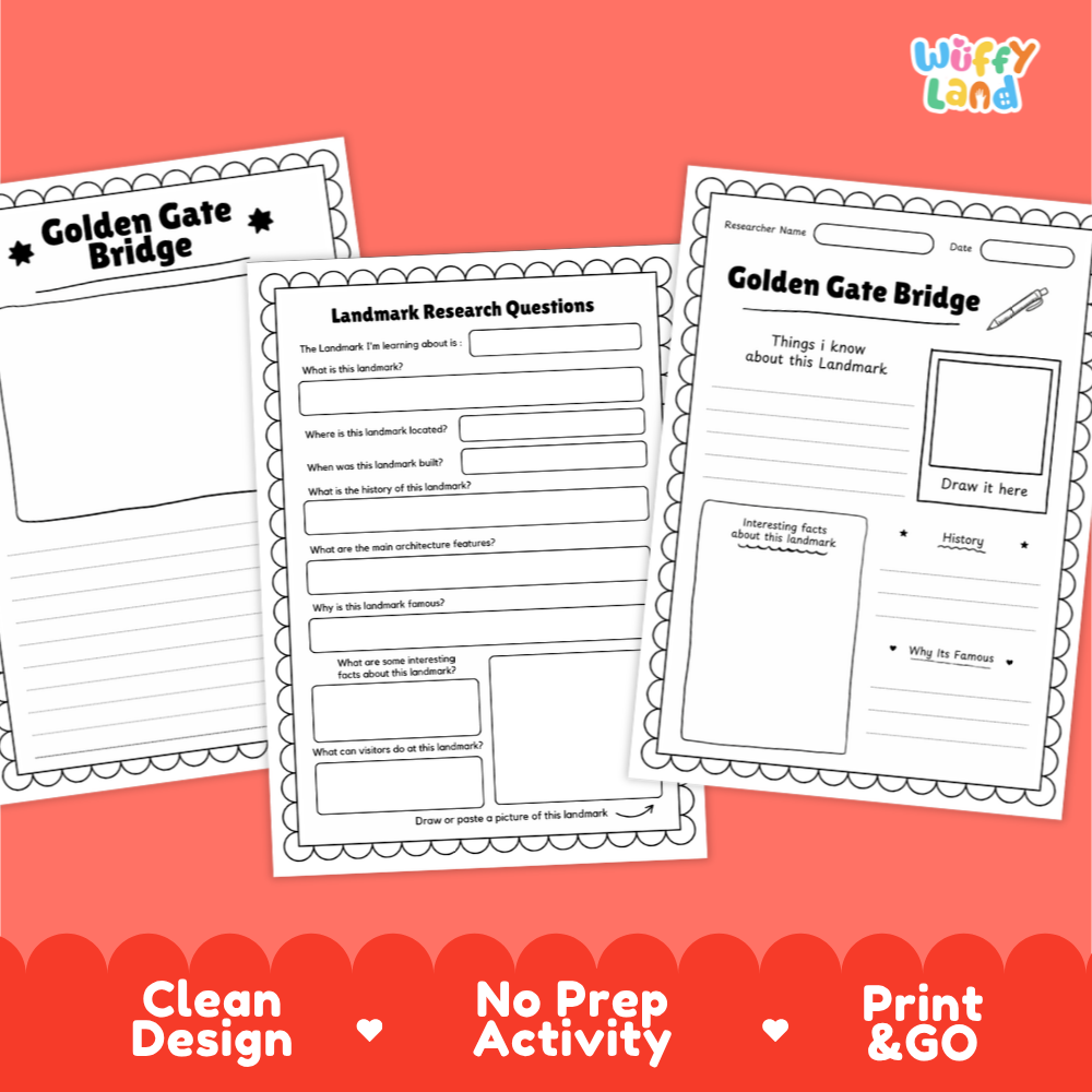 Three printable worksheet pages about Golden Gate Bridge are shown on a coral background with a Wiffy Land logo in the top right. The pages include title and activity sections for a landmark research project.