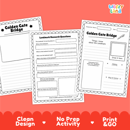 Three printable worksheet pages about Golden Gate Bridge are shown on a coral background with a Wiffy Land logo in the top right. The pages include title and activity sections for a landmark research project.