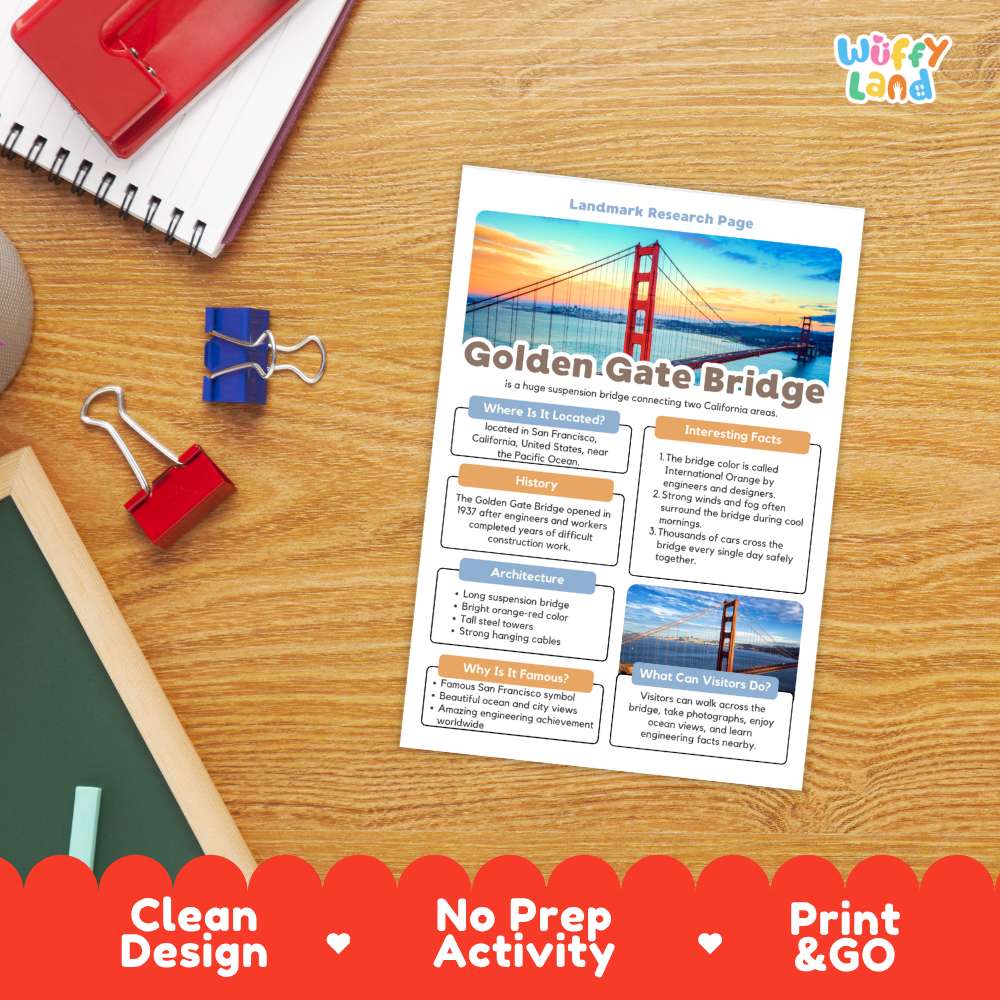 A printed Golden Gate Bridge research page laid on a wooden desk, surrounded by school supplies including a red spiral notebook, blue binder clips, a green chalkboard, and a red pen. The page has a colorful bridge photo and text sections.