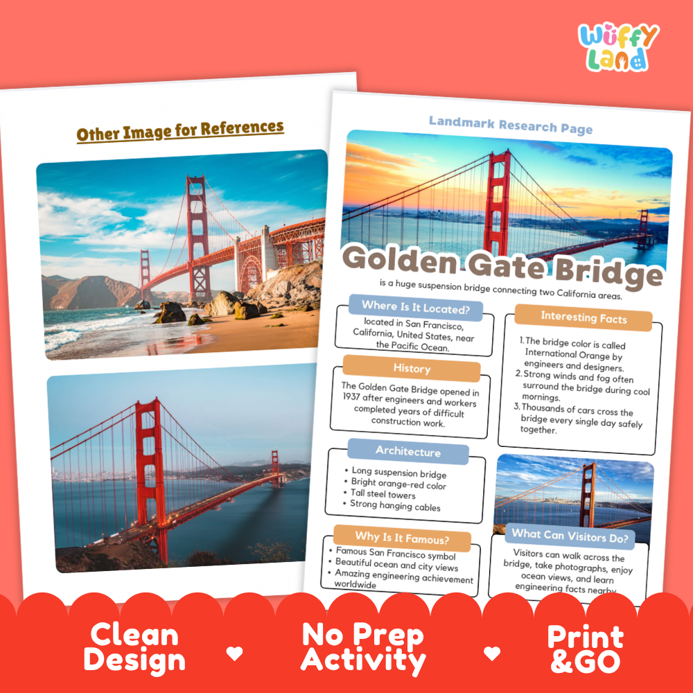 Two printed educational poster pages about the Golden Gate Bridge are shown on a coral background. The right page is the main product, featuring a large bridge photo, title text, and labeled sections about location, history, architecture, and visitor tips.