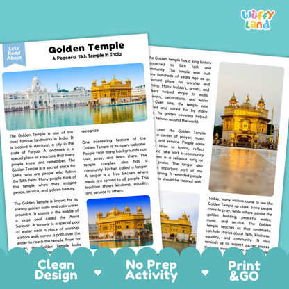 Two printed reading/activity cards about the Golden Temple in India, shown overlapping on a white background with a blue 'Wuffly Land' logo in the top right. The cards contain text and small temple photos, with promotional text at the bottom reading 'Clean Design', 'No Prep Activity', and 'Print & GO'.