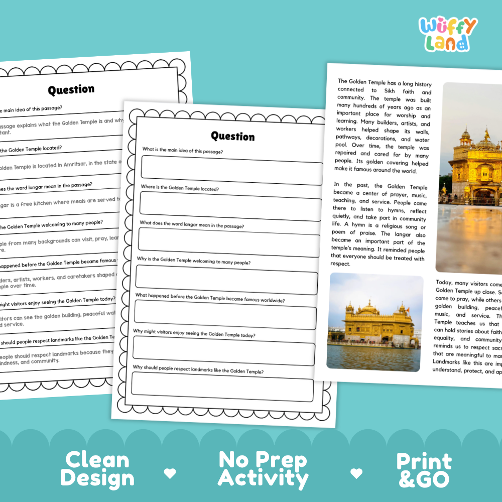 Three printable worksheet pages for a Golden Temple educational activity, displayed on a white background with a blue 'Wuffy Land' logo in the top right. The pages feature a clean black-and-white scalloped border and text questions about the Golden Temple in Aqyarib, with a small color-coded temple illustration on one page.
