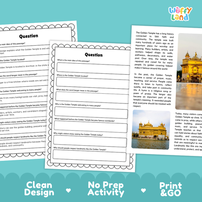 Three printable worksheet pages for a Golden Temple educational activity, displayed on a white background with a blue 'Wuffy Land' logo in the top right. The pages feature a clean black-and-white scalloped border and text questions about the Golden Temple in Aqyarib, with a small color-coded temple illustration on one page.