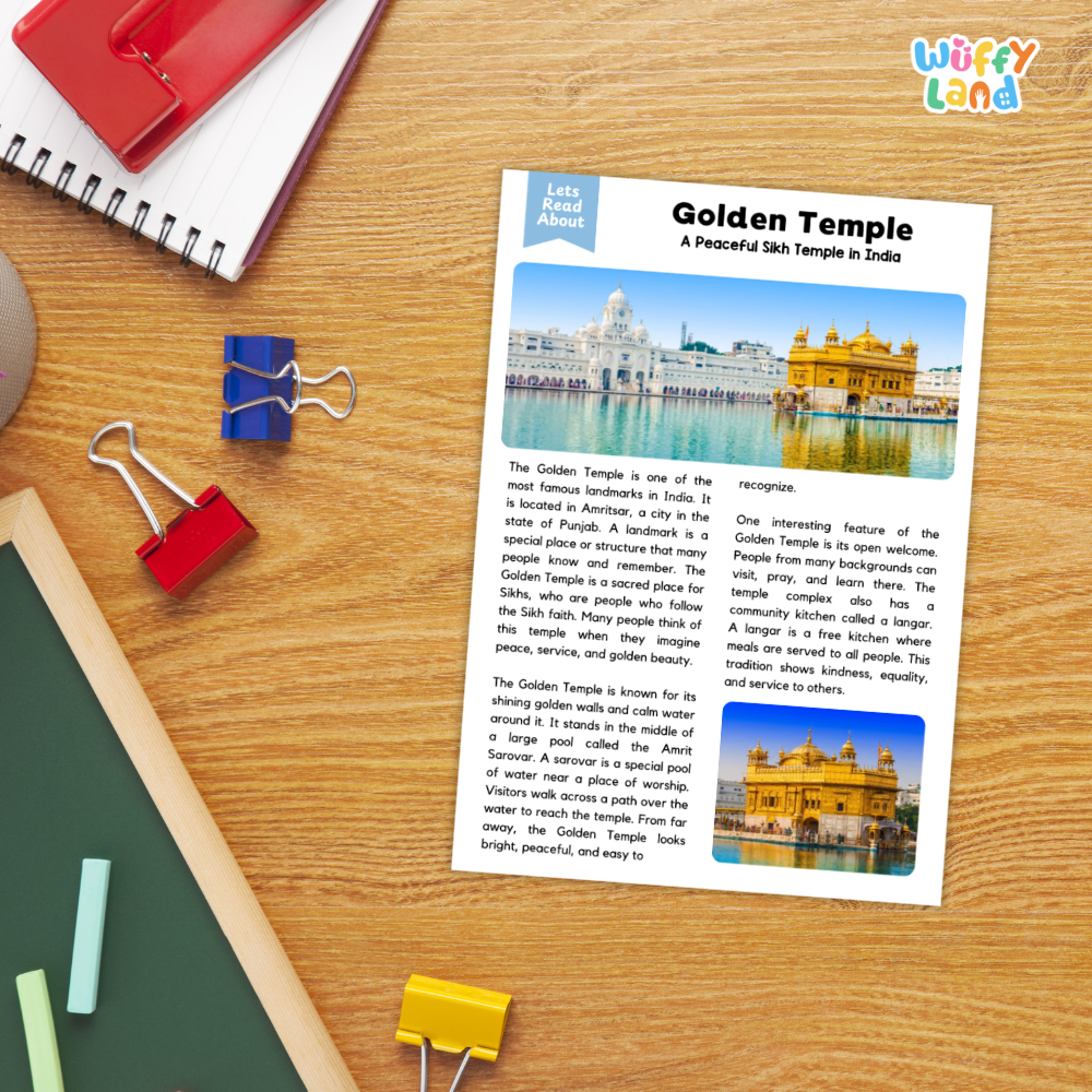 A printed educational poster titled 'Golden Temple: A Peaceful Sikh Temple in India' with two photos of the temple, styled on a wooden desk with a spiral notebook, red binder clips, and green and black folders. The 'Wiffly Land' brand logo is in the top right corner.